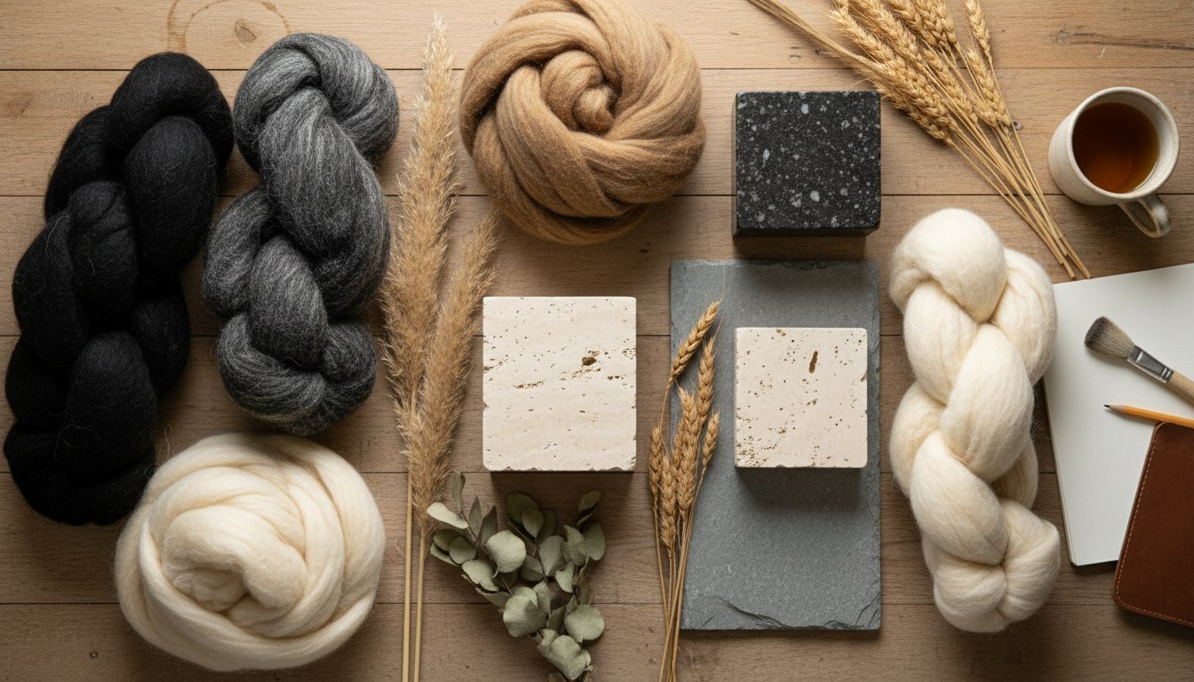 Overhead view of natural wool yarn in earth tones including cream, beige, and charcoal.