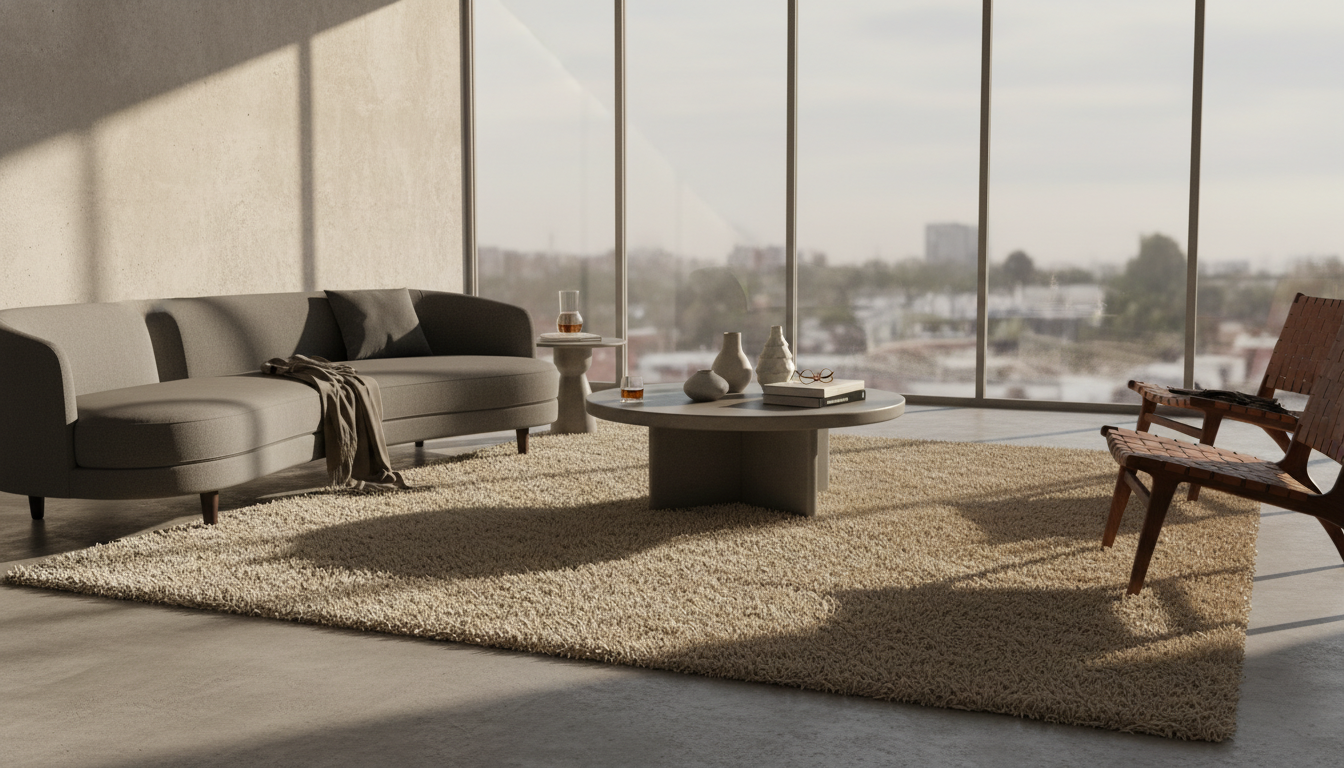 High-end minimalist living room featuring a textured Himalayan Nettle rug as the central design element under warm sunset lighting.