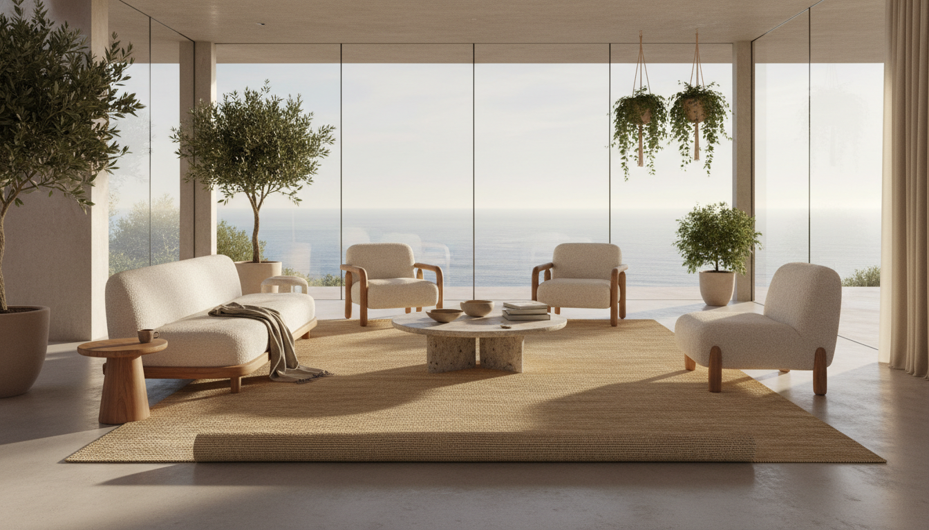 A wide-angle interior shot of a luxury villa featuring a sustainable lotus silk rug as a focal point.