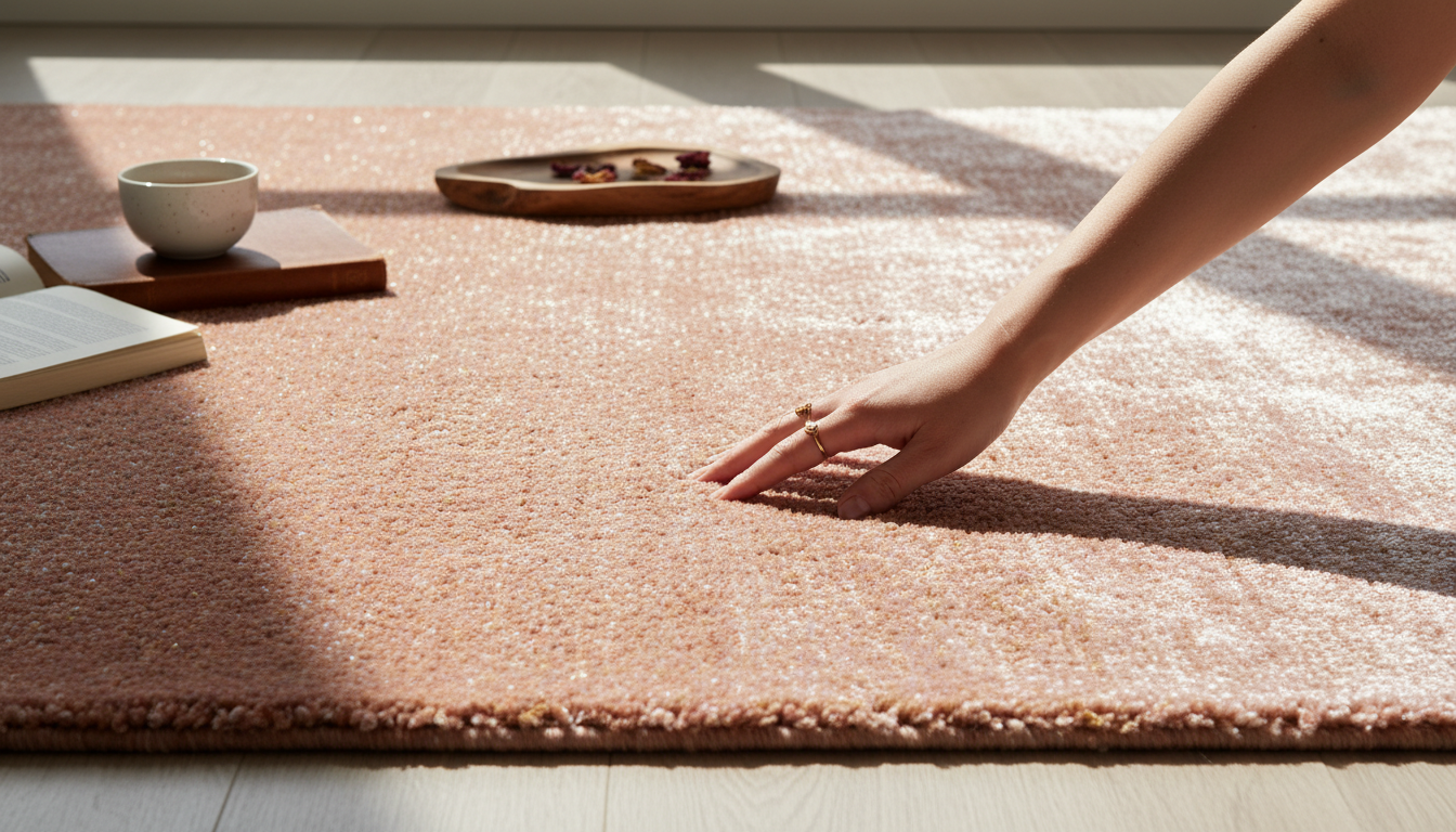 Close-up of the high-lustre texture of a petal-silk rug being touched to demonstrate softness.