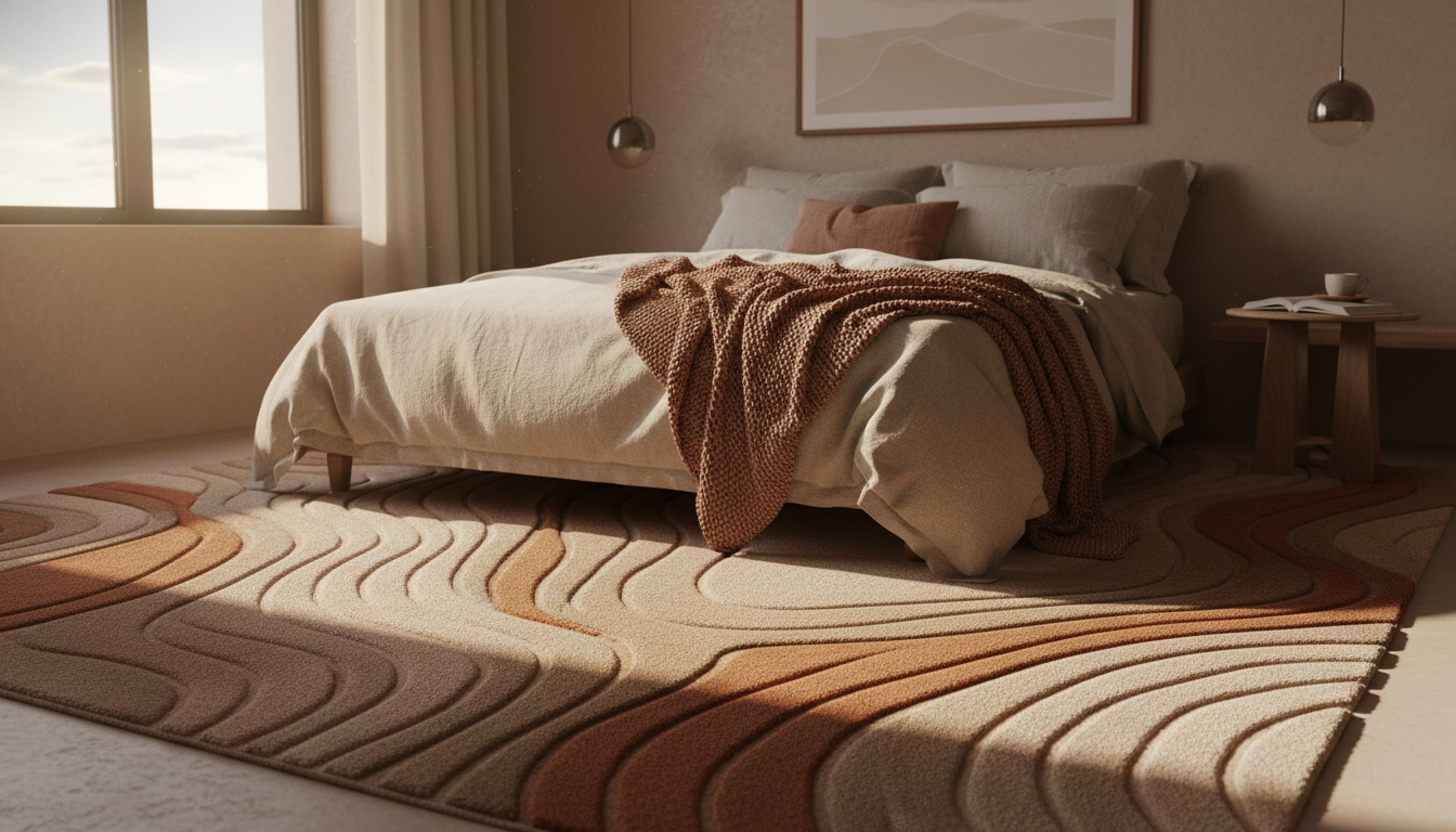 Tonal bedroom decor featuring a monochromatic sculpted rug that uses light and shadow to create visual depth.