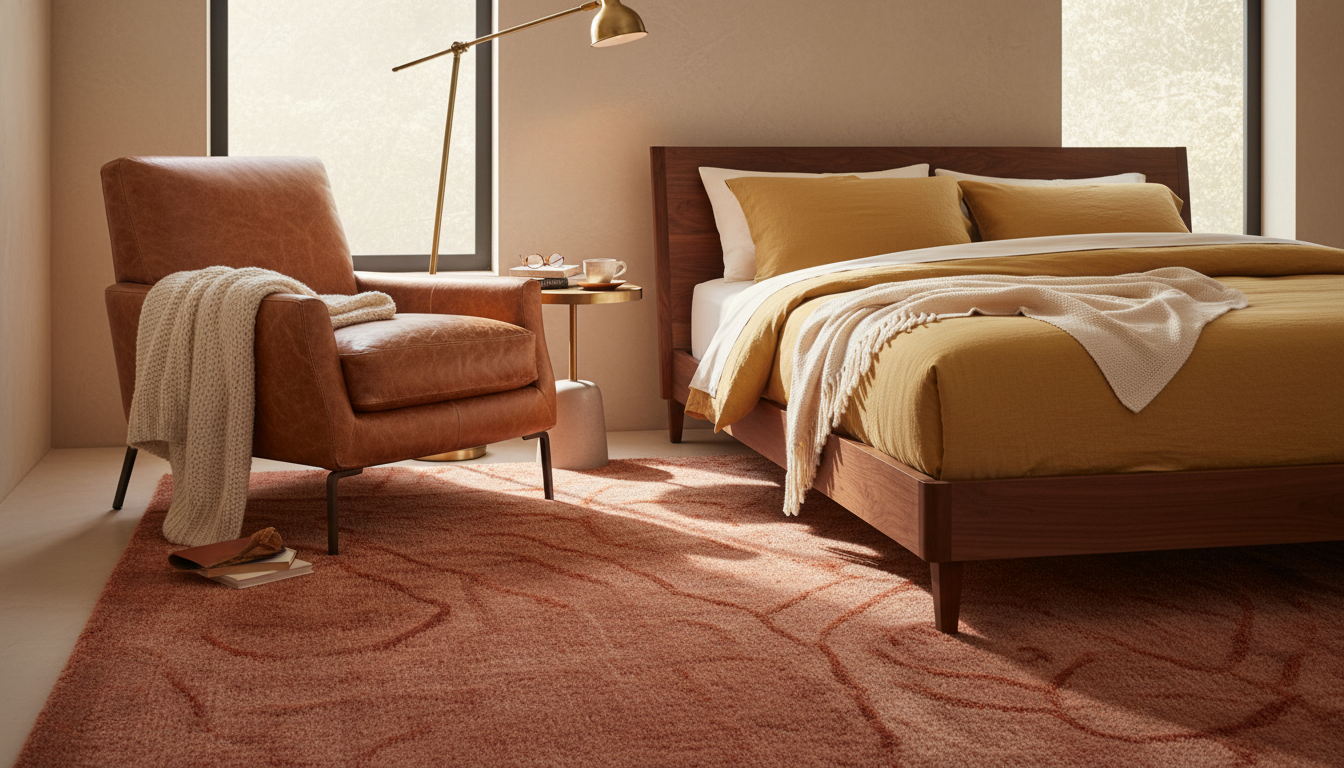 Warm terracotta bedroom rug setup with dark walnut bed and mustard yellow bedding.