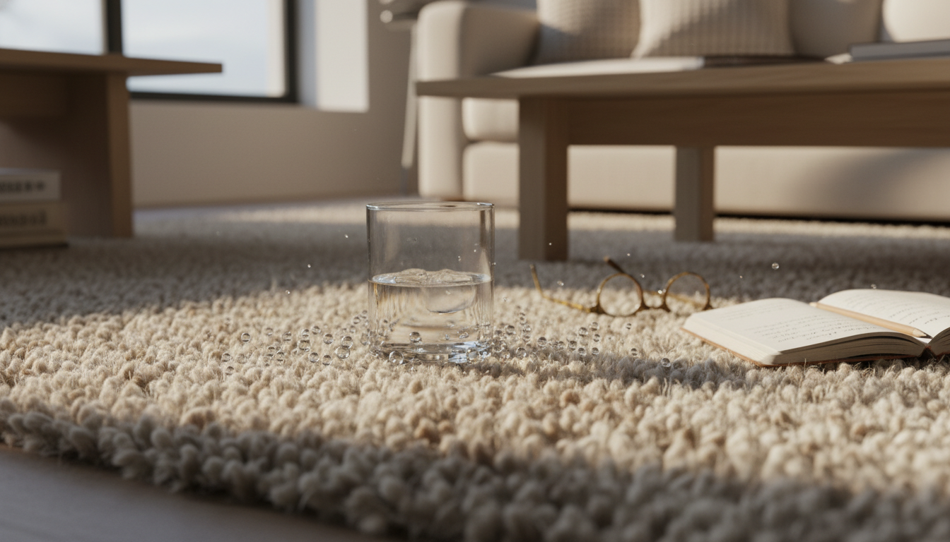 A close-up shot showing the liquid-repellent properties of high-tech fermented protein rug fibers.