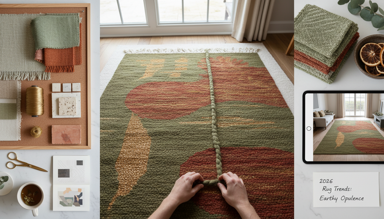 2026 interior design color palette for Neo-Deco rugs featuring earth tones and metallic accents.