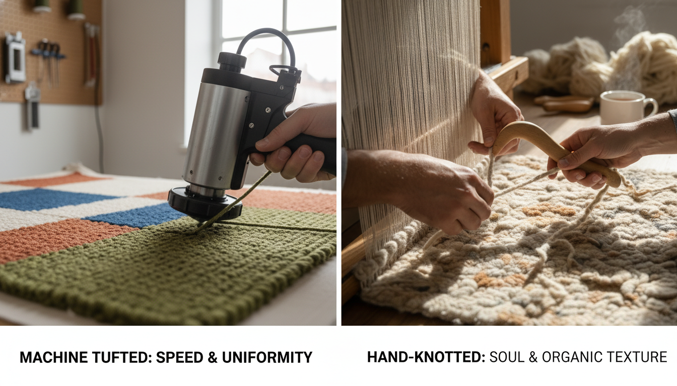 Visual comparison between mechanical rug production tools and traditional hand-knotting instruments.