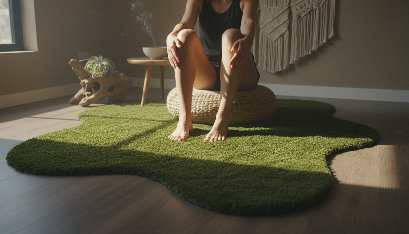 A calming interior space featuring a Puddle-Silhouette Moss Rug designed to facilitate stress reduction and mindfulness.