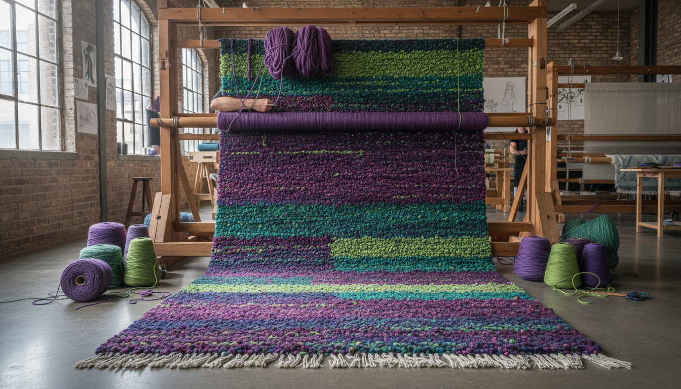Artisan weaver working on a high-density Moody Maximalist rug for the 2026 season.
