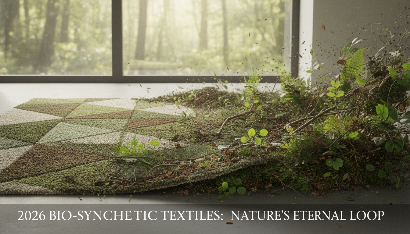 Conceptual art showing the eco-friendly lifecycle of sustainable self-healing smart-fiber rugs.