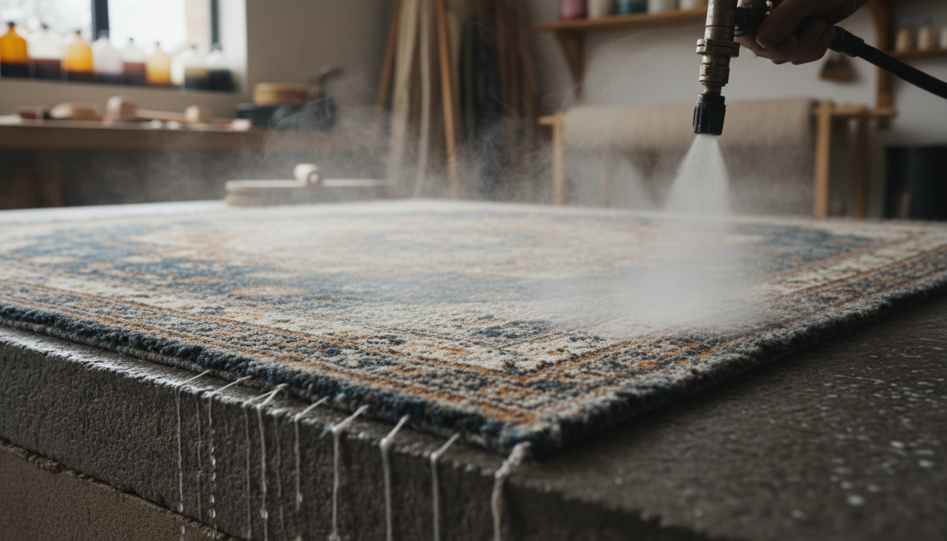 Artisan rug maker applying a mineral wash to a high-end hand-knotted wool and silk rug.