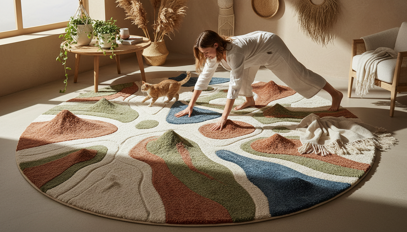 3D topographical rug design representing the 'Art for the Floor' concept in modern boho interiors.
