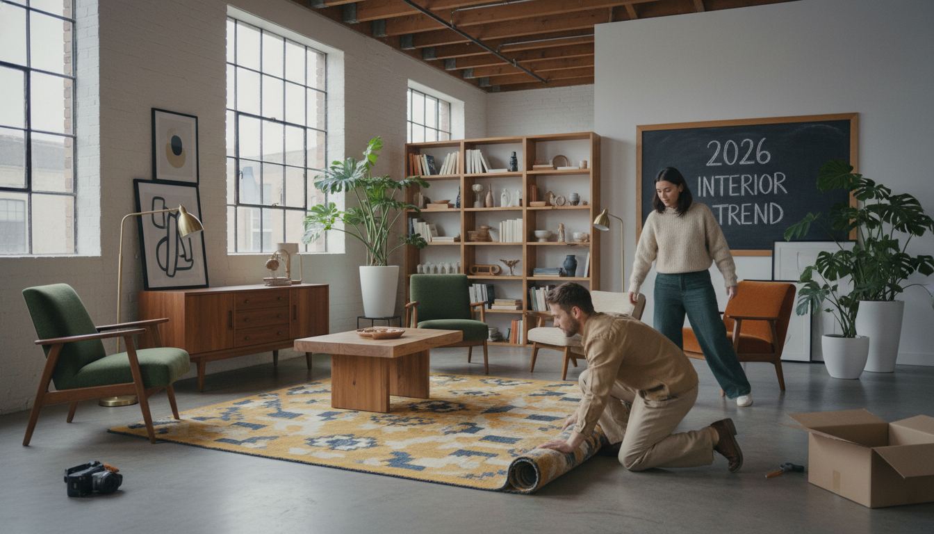 An eclectic mix of thrifted wooden furniture and modern accents, showcasing the 2026 thrift-luxe trend of how to decorate sustainably.