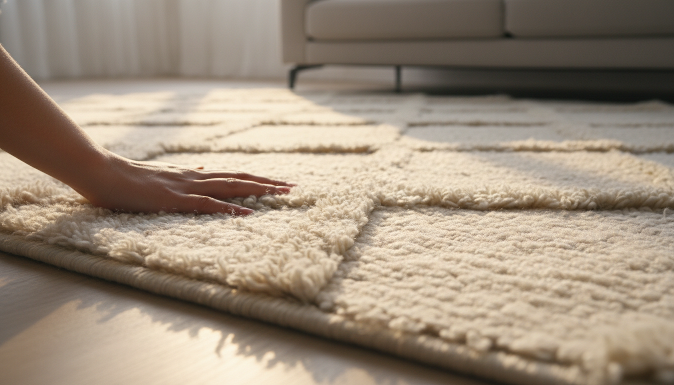 Close-up of a hand feeling the varying pile heights of a haptic-rich fiber-art rug, illustrating the neuroscience of touch in home design.