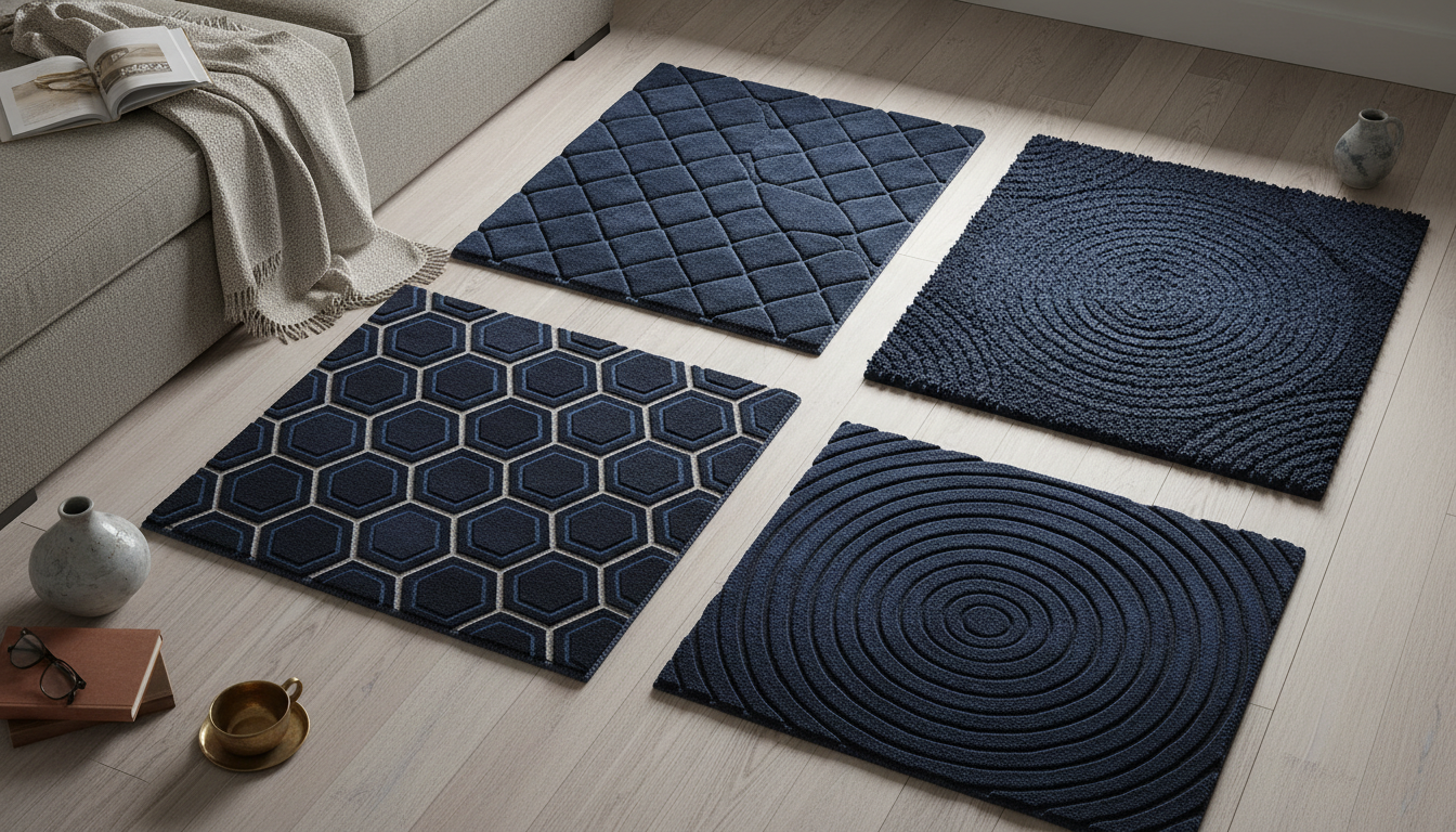 Three navy blue rug samples showing how different textures and pile heights create visual interest in tonal drenched rugs 2026.
