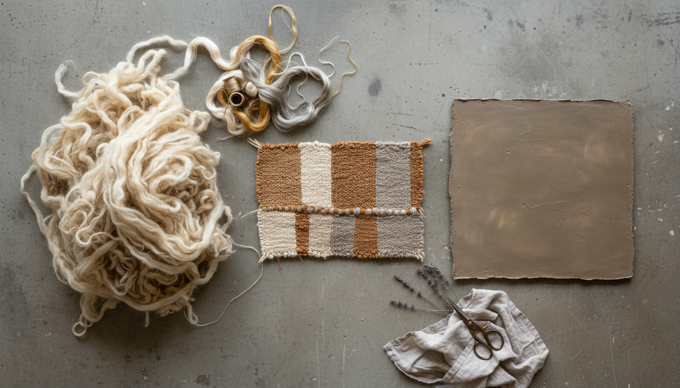 A material flat lay showcasing the natural fibers used to create high-end Tadelakt-textured wool rugs.