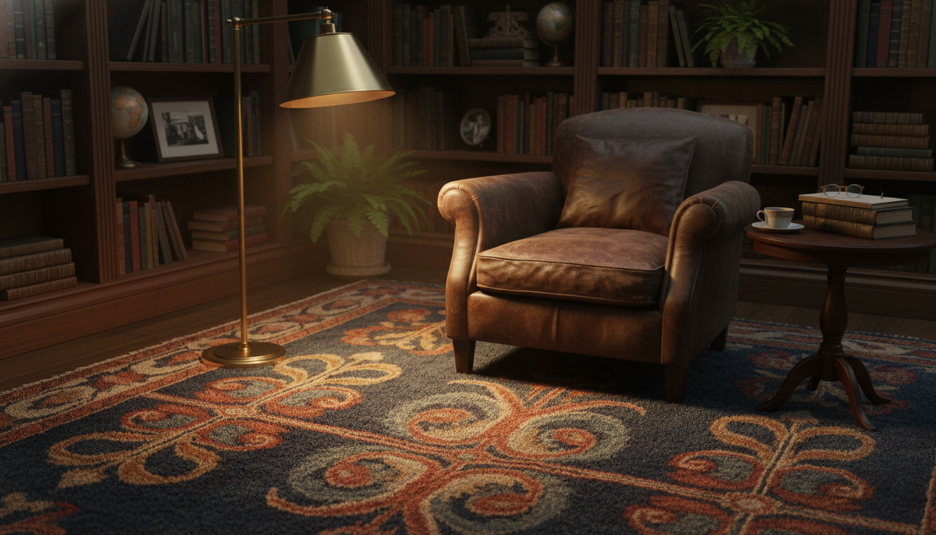 Atmospheric library setting highlighting the symbolic motifs of a Folk Nouveau rug during golden hour.
