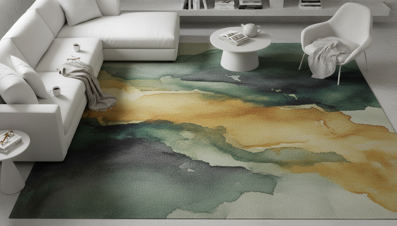 Abstract designer rug used as floor art in a minimalist room, highlighting the 2026 shift toward expressive floor coverings.