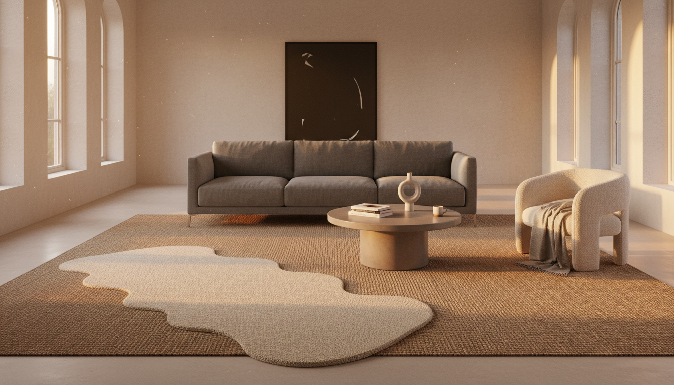 Modern interior design showcasing asymmetrical rug layering with an organic-shaped bouclé rug over a sisal base.