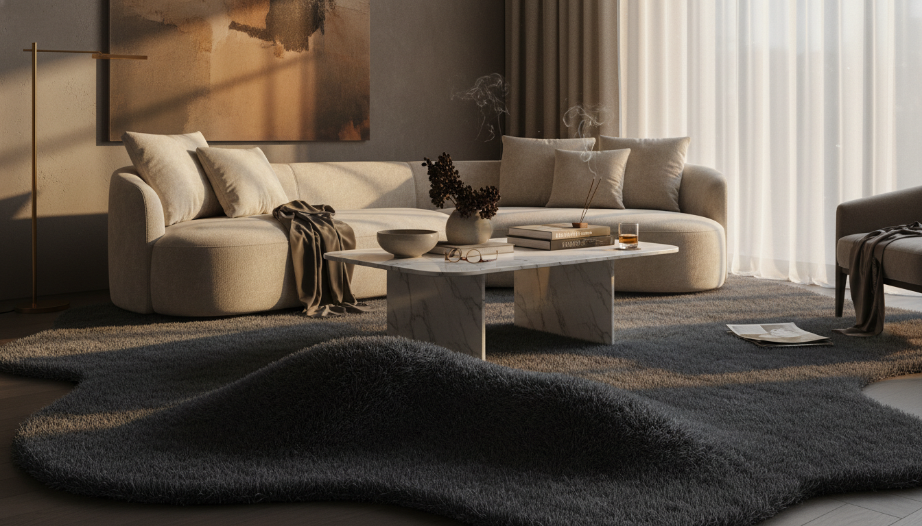 Luxury charcoal sculptural shag rug in a modern living room setting at sunset.