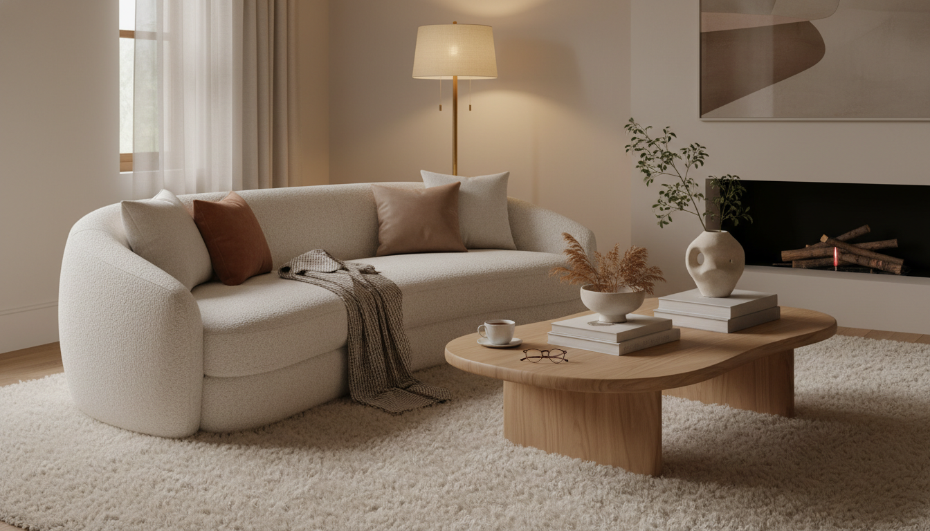 Minimalist living room with a curved sofa and a premium white bouclé rug for a soft tactile look.