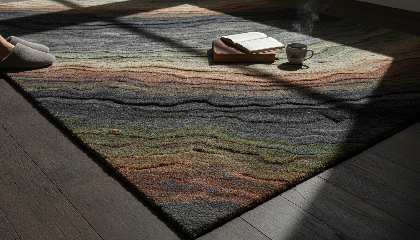 A low-angle view of a high-end textured rug with deep earth tones and varied pile heights, emphasizing tactile luxury.