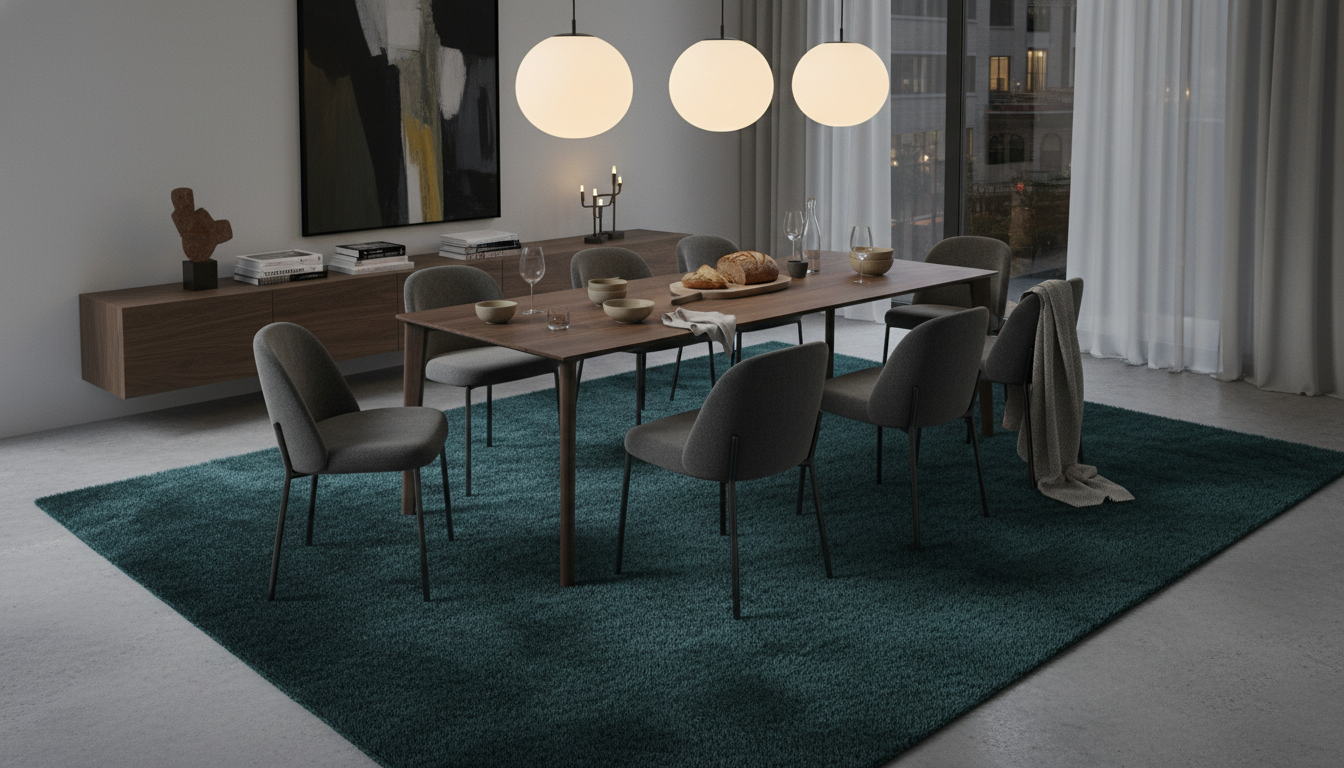 Oversized teal rug in a dining room demonstrating proper scale for bold colors.