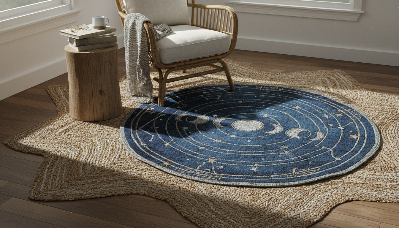 Boho styling showing a small starry night rug layered over a large natural jute rug for a textured, multidimensional look.