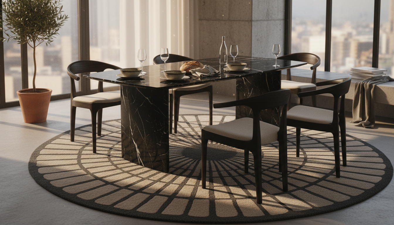 Sophisticated dining room featuring a concentric patterned Circuscore rug and marble furniture.