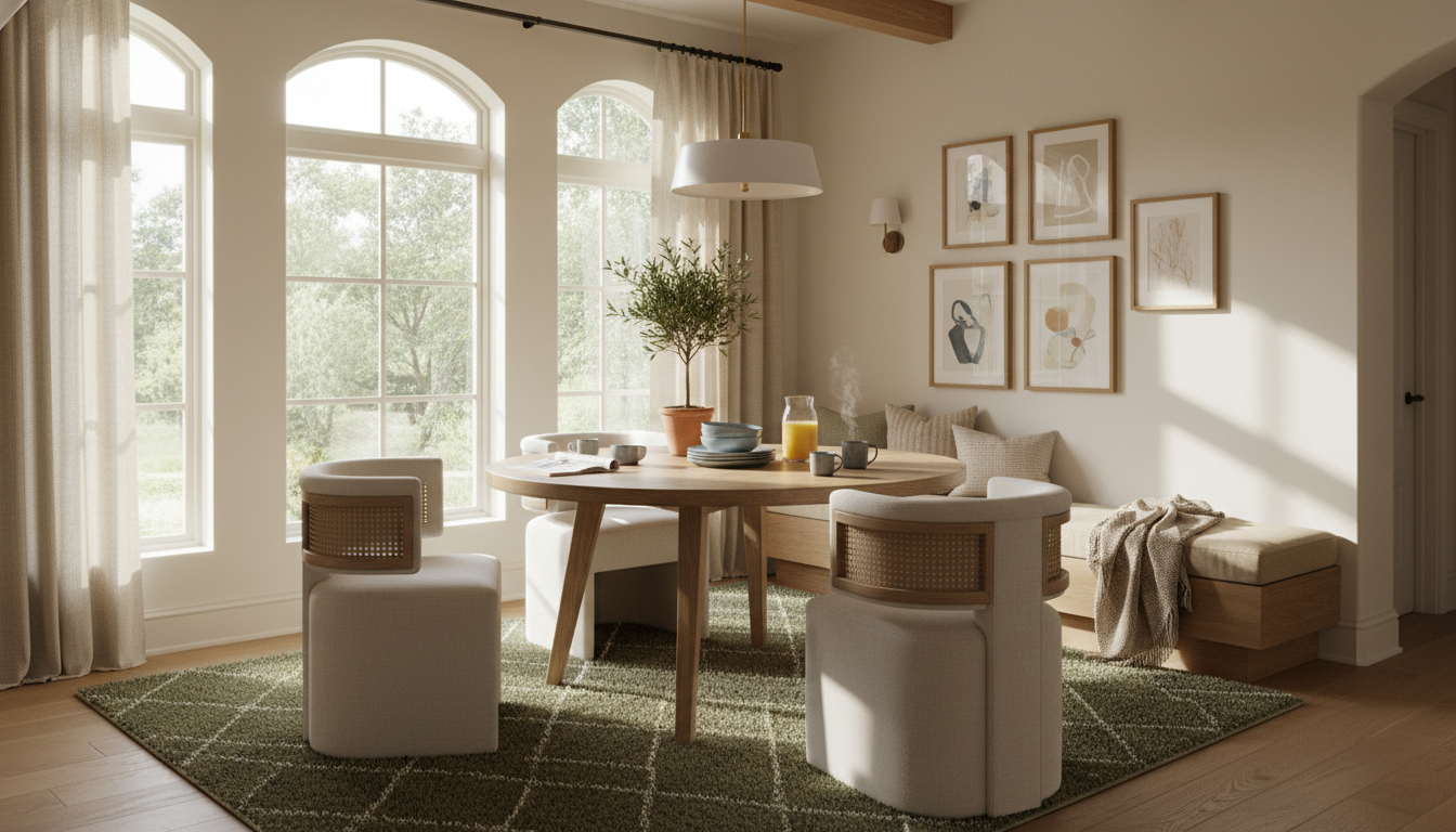 Breakfast nook with light wood furniture and a sage green patterned rug.