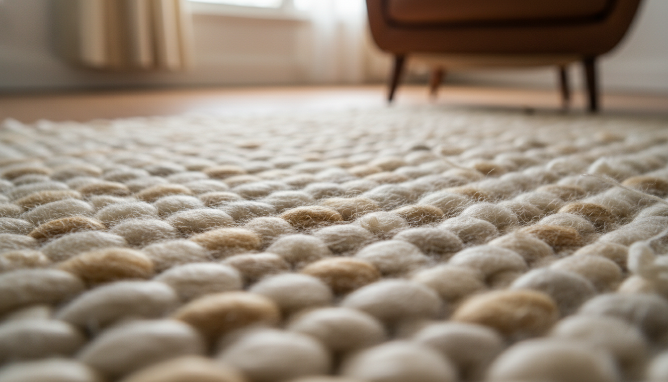 Macro view of sustainable rug fibers in a chunky cream and oatmeal weave.
