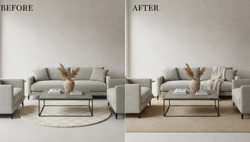 Before and after comparison of rug sizes in a living room showing how a larger rug improves room proportions.