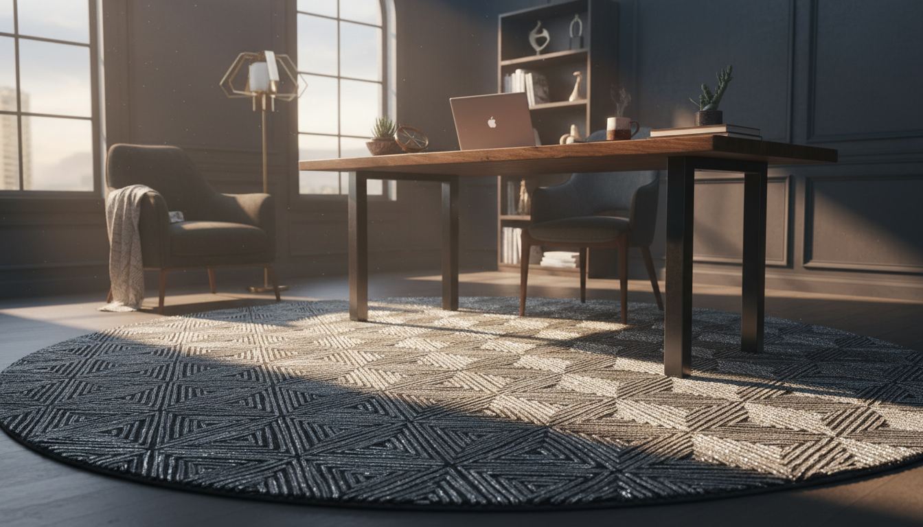 High-end home office interior with a geometric patterned silver-weave rug during golden hour.