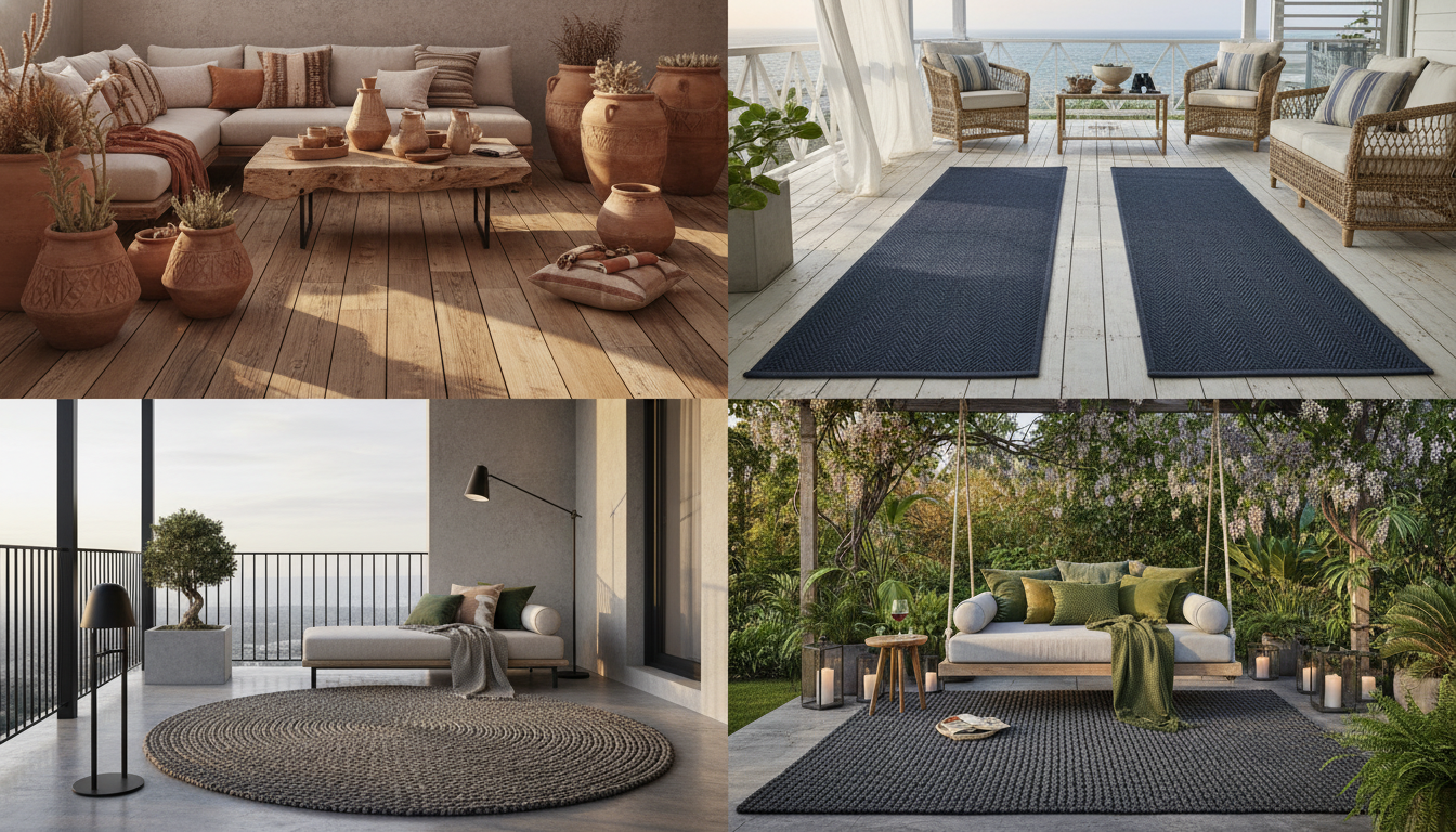 Collection of four stylish indoor-outdoor rug applications in diverse settings.