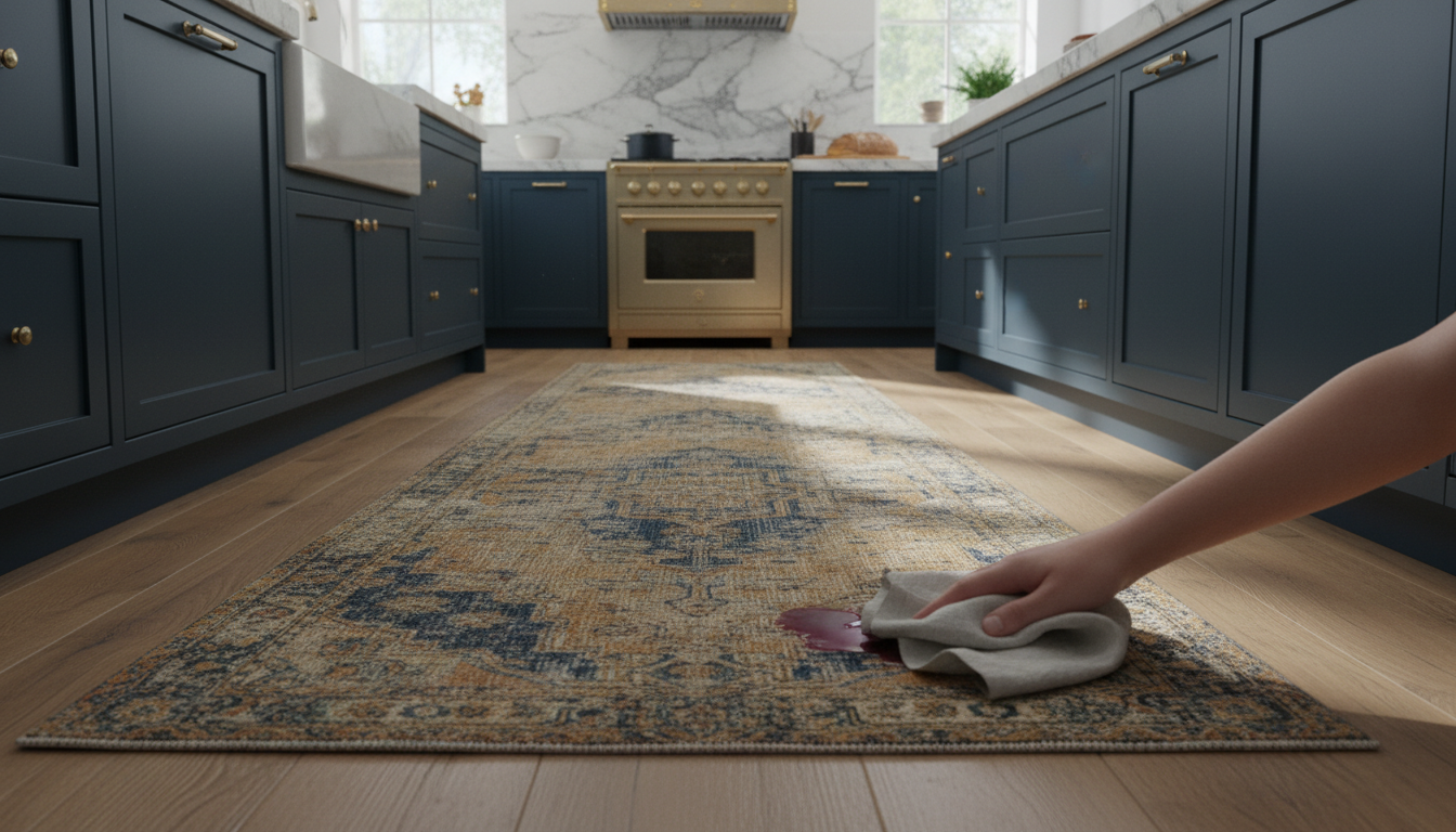 Stain resistant kitchen runner rug in a luxury kitchen with marble islands.