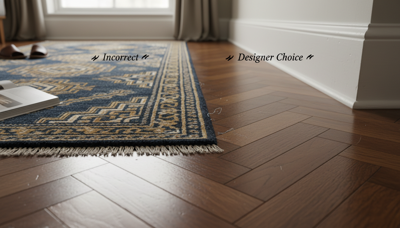 Close-up of rug edge showing the necessary gap between the rug and the wall baseboard.