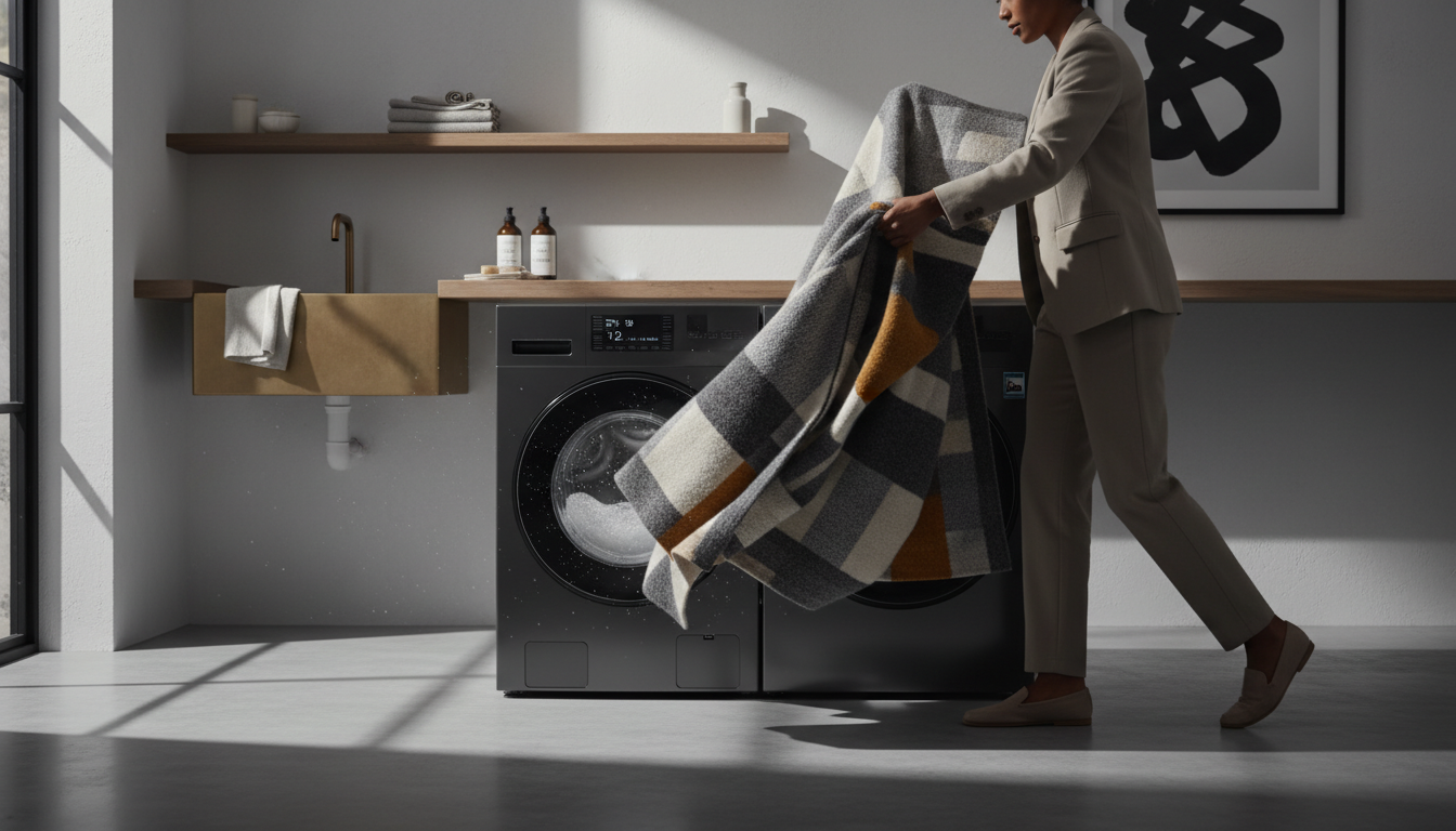 Parent washing a designer kids rug in a machine to demonstrate easy cleaning