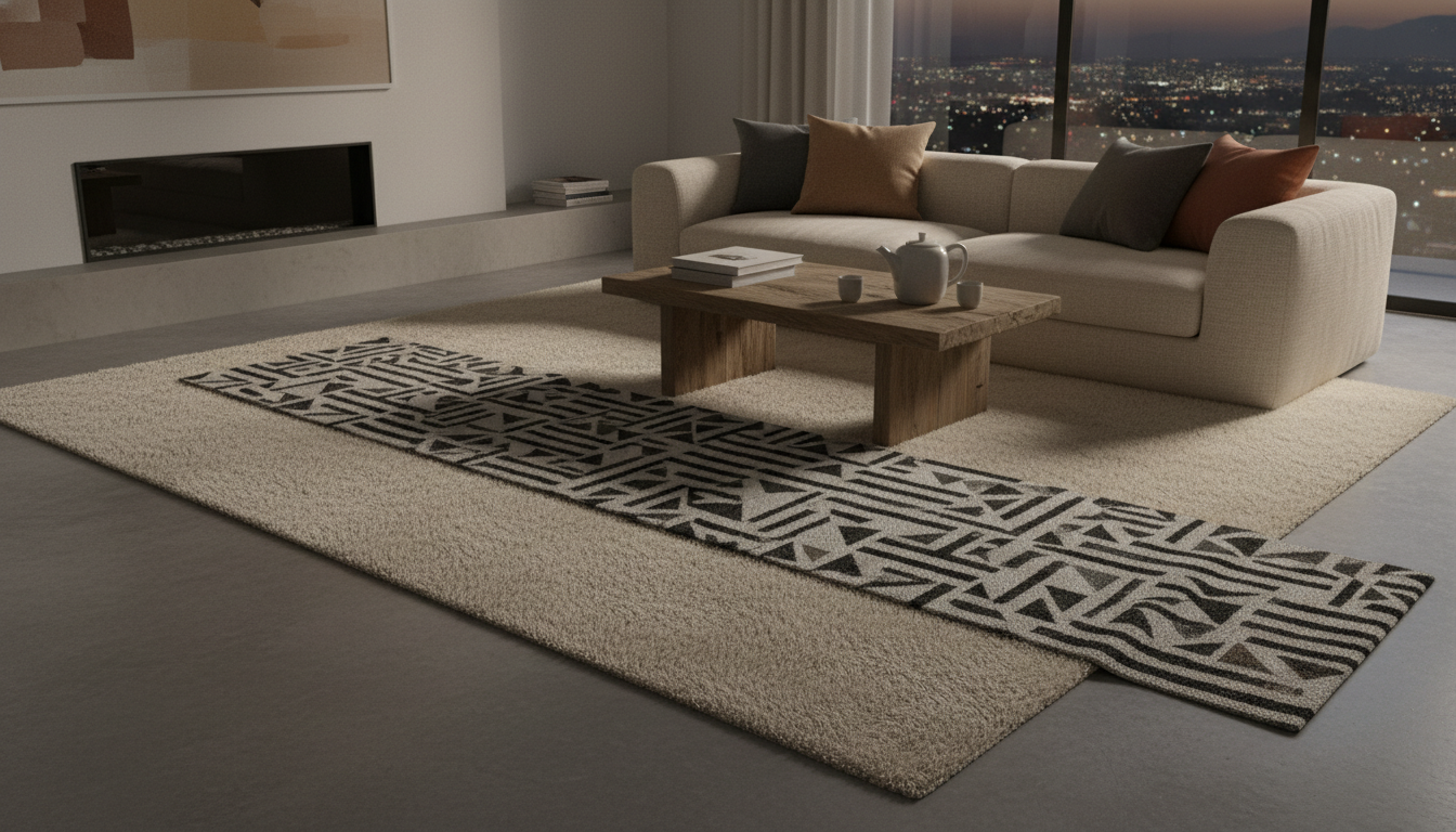 Luxury minimalist living room showing how to mix high-end and budget rugs for a designer look.