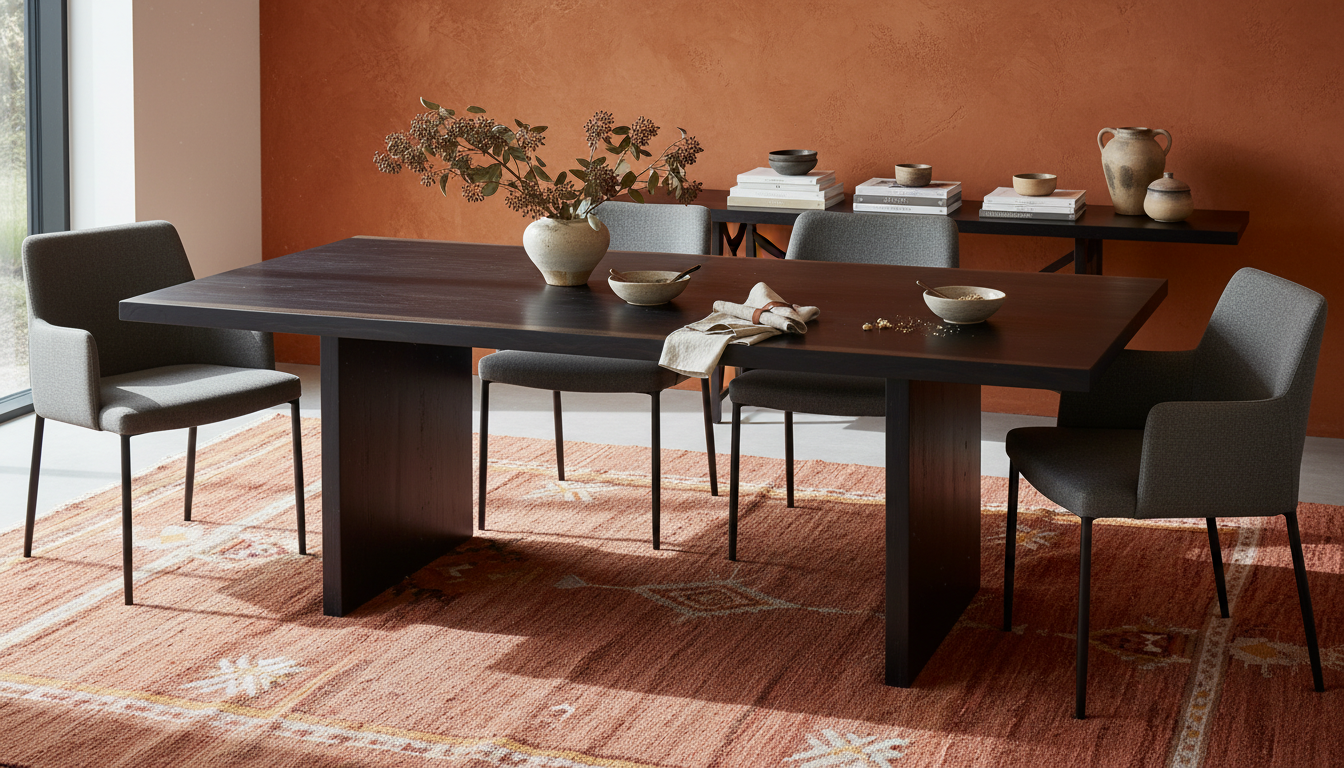 Dining room with wood table and terracotta performance rug for summer