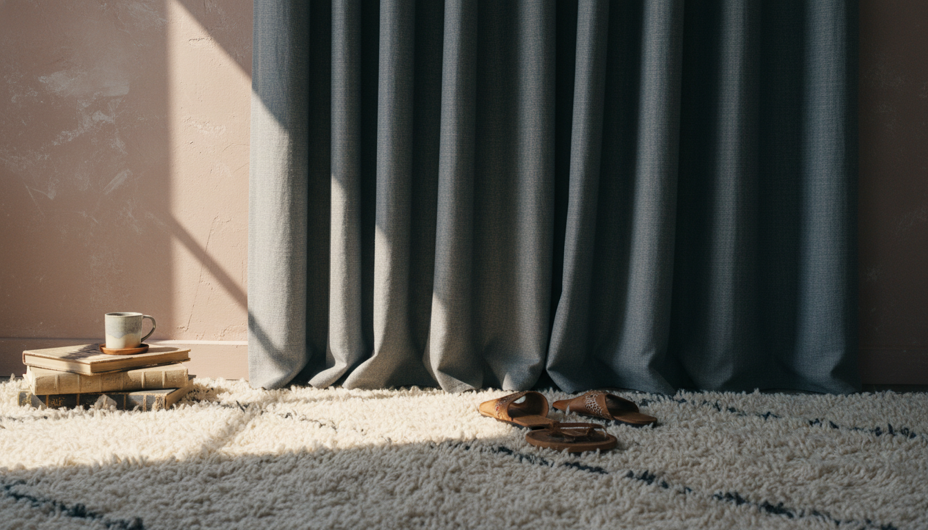 Texture layering of velvet curtains and a shag rug against a matte lime-wash wall.