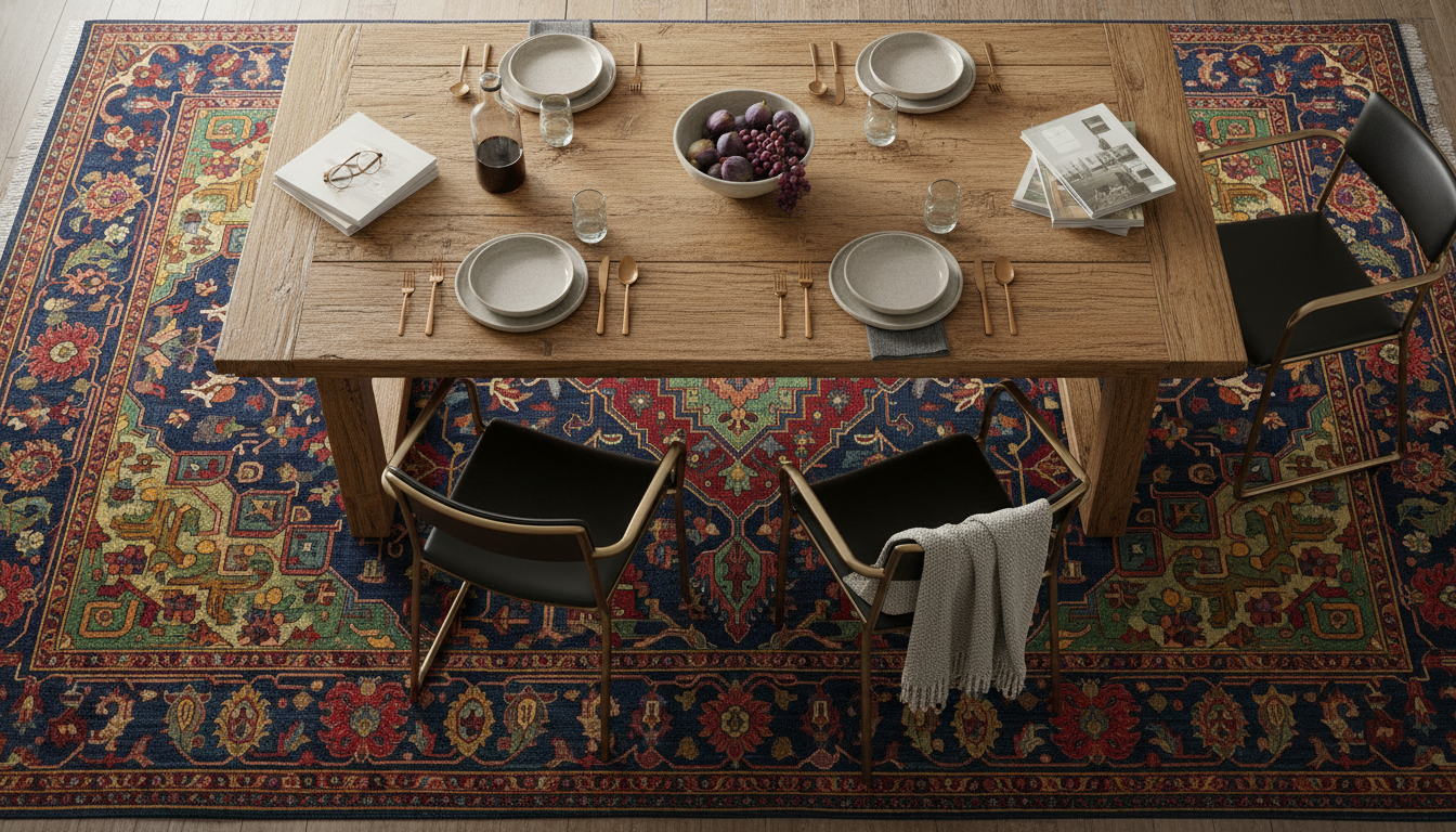 Top-down view of a handmade silk and wool rug under a heavy oak dining table.