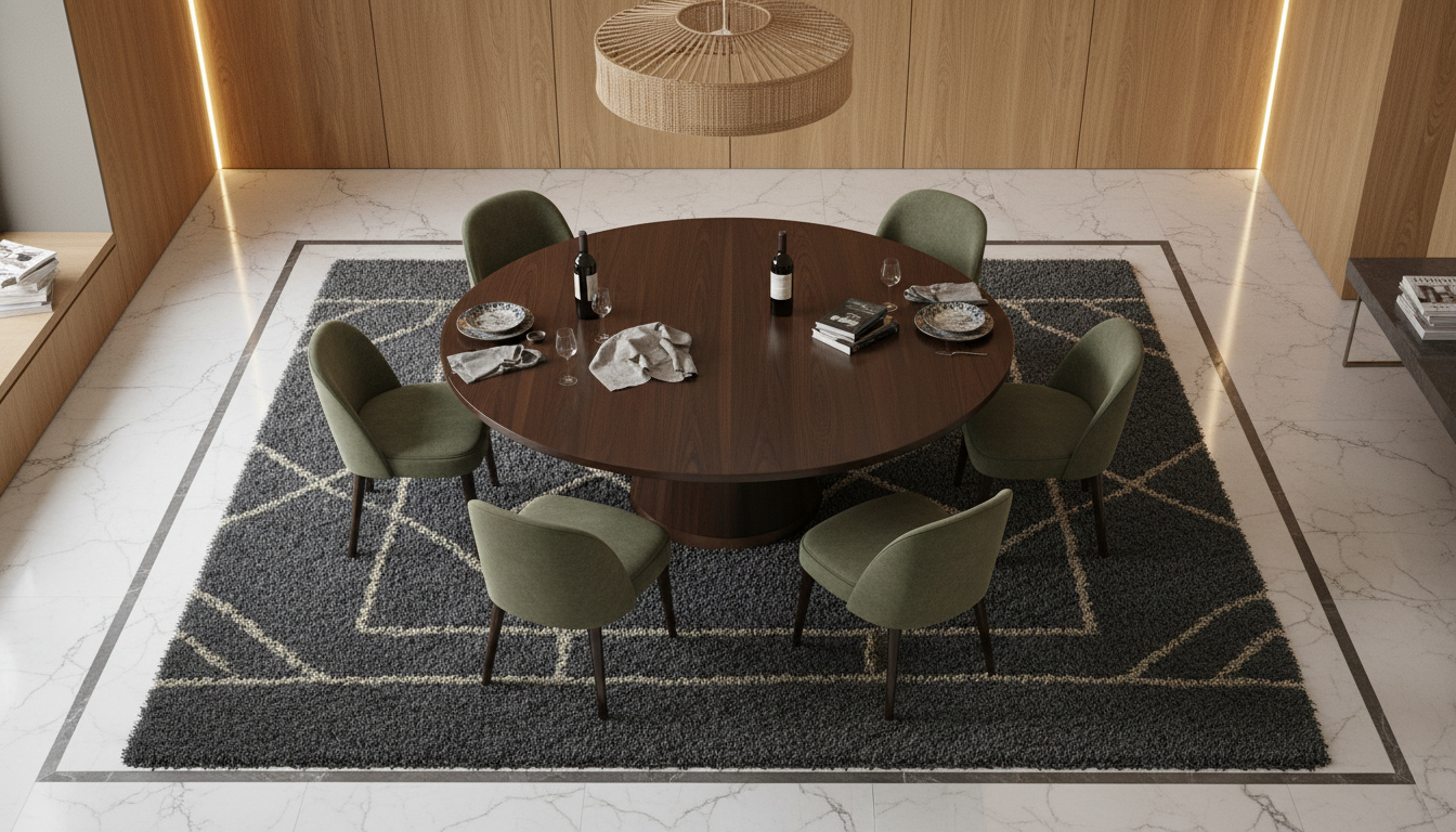 Top-down view of a rug correctly sized to leave a sophisticated border of flooring around the perimeter.