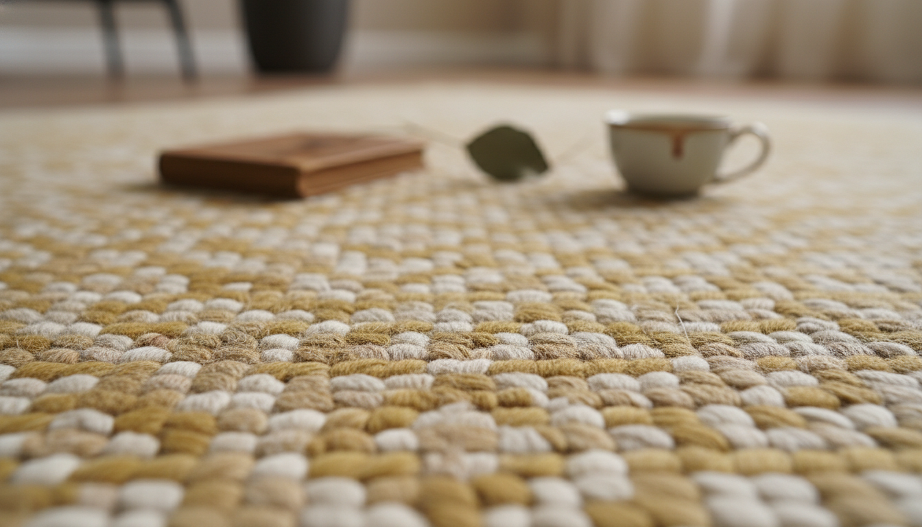 Close-up detail of sustainable 2026 rug fibers designed for durability and light reflection in compact homes.
