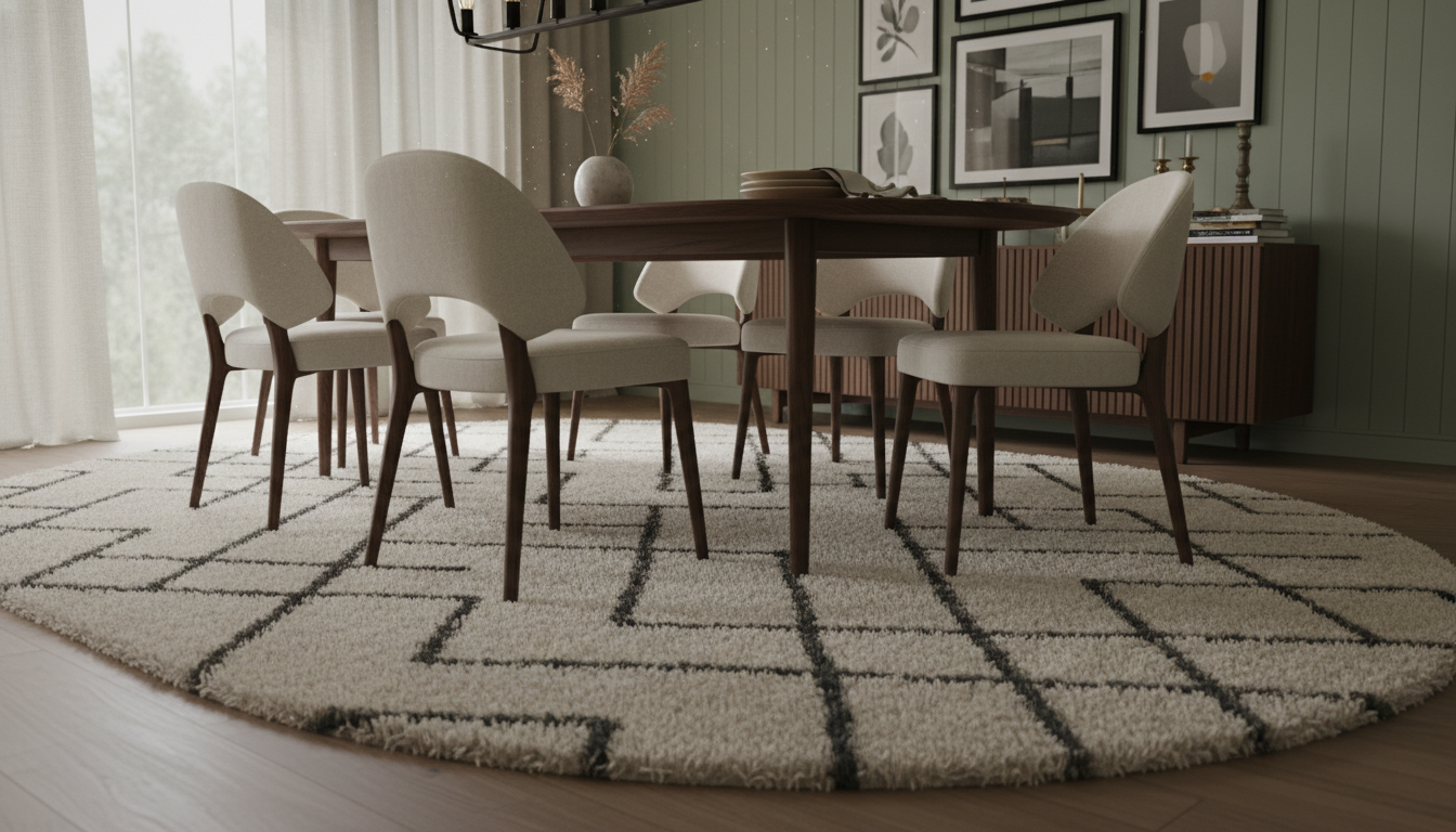 oval rug under a dining table in a room with sage green walls