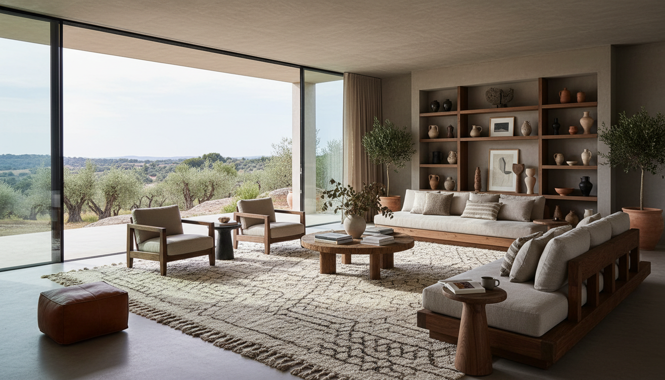 A wide-angle view of a sun-drenched luxury villa featuring a large undyed wool area rug and minimalist decor.