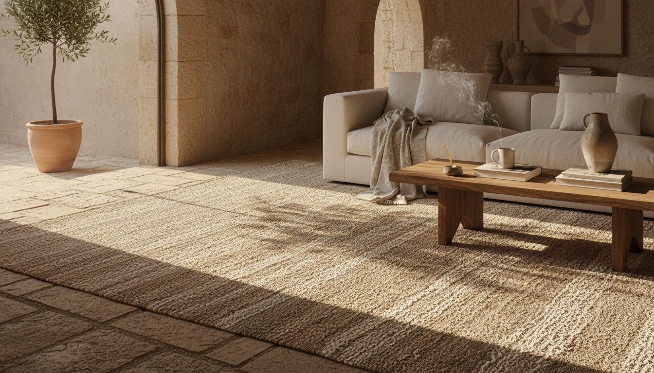 Golden hour lighting in a luxury villa highlighting the texture of a raw flax floor covering.