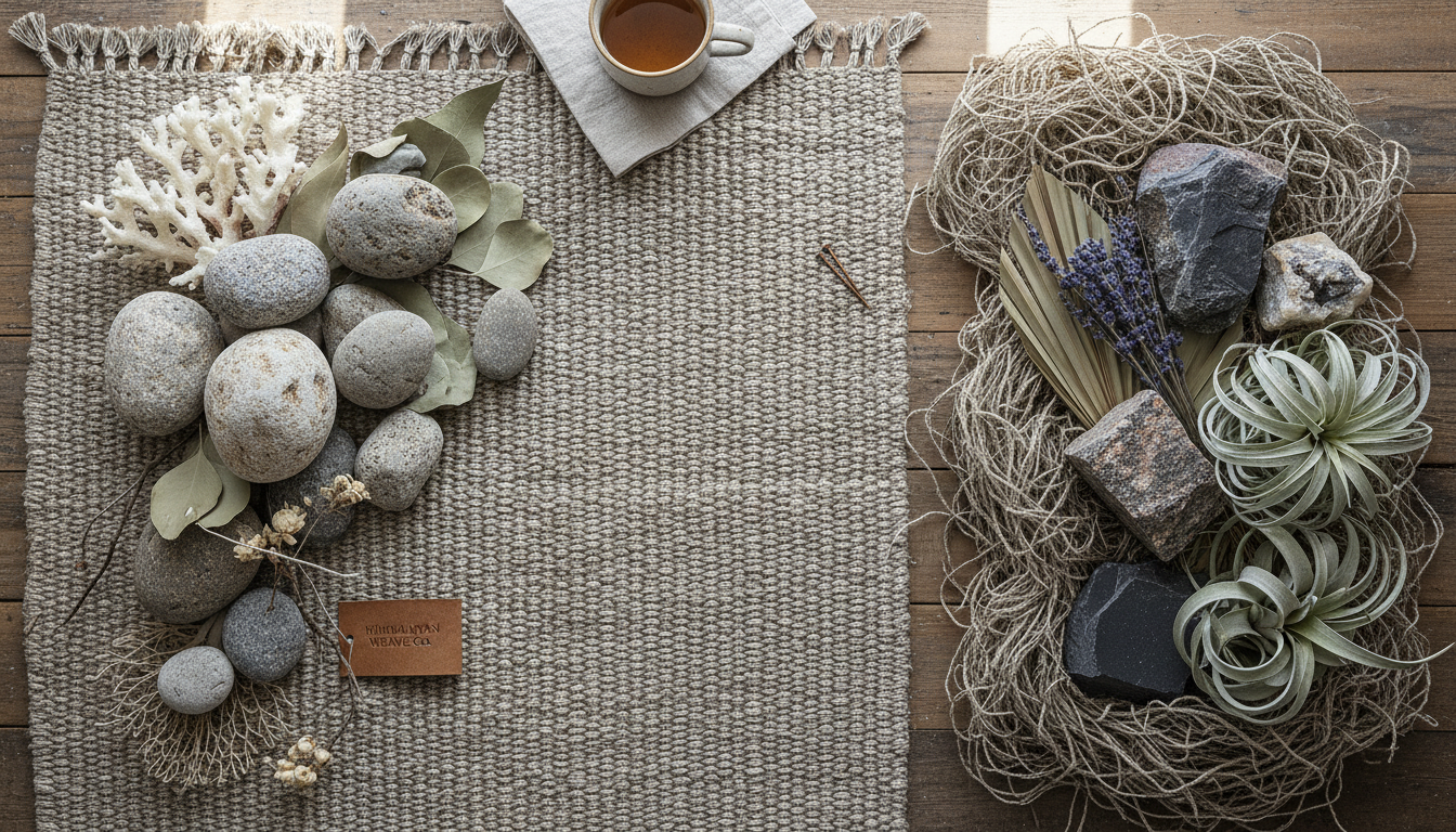 Flat lay view of a Himalayan Nettle rug weave demonstrating its structural durability and natural material composition.
