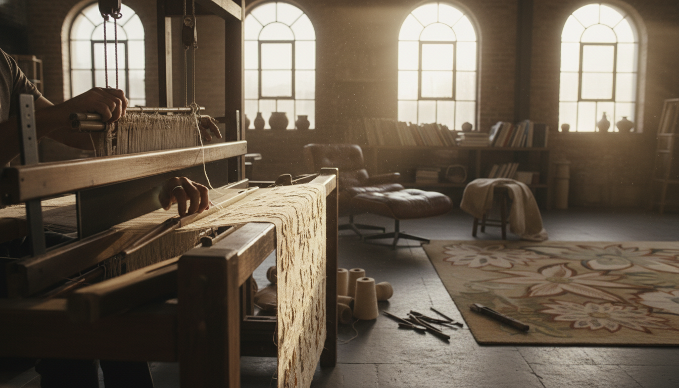 An artisanal weaver working on a rare lotus silk rug in a traditional workshop setting.