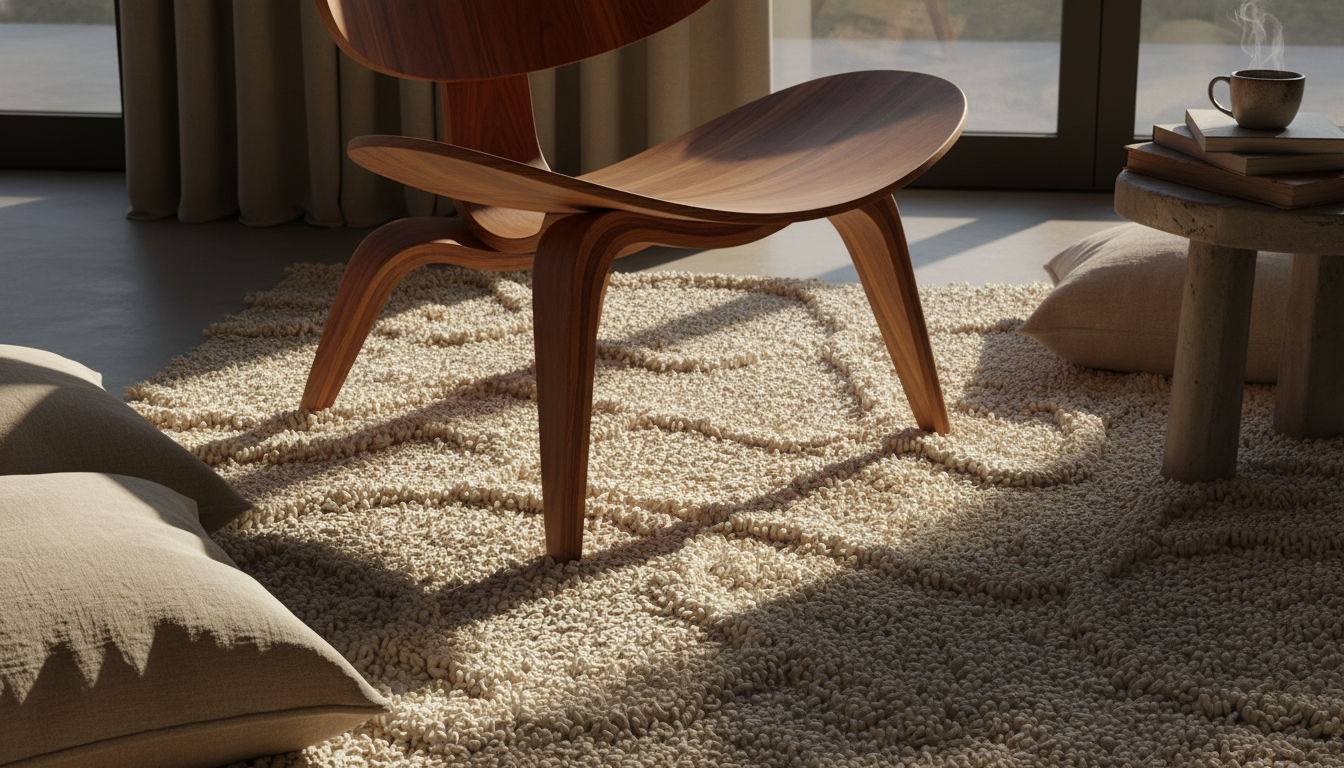 Close-up of a textured upcycled milk-silk rug in a high-end interior at sunset.