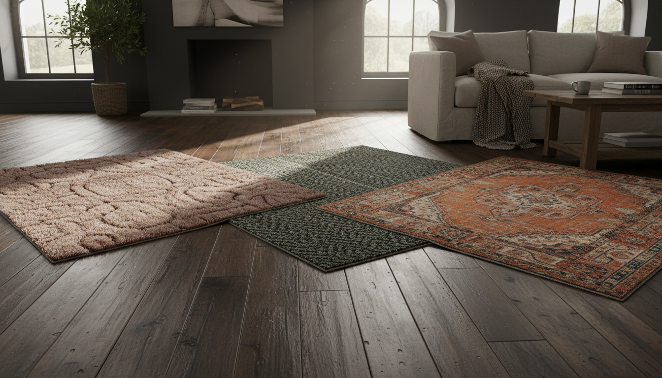 A collection of upcycled rose petal rug samples in 2026 trend colors displayed in a moody, sophisticated setting.