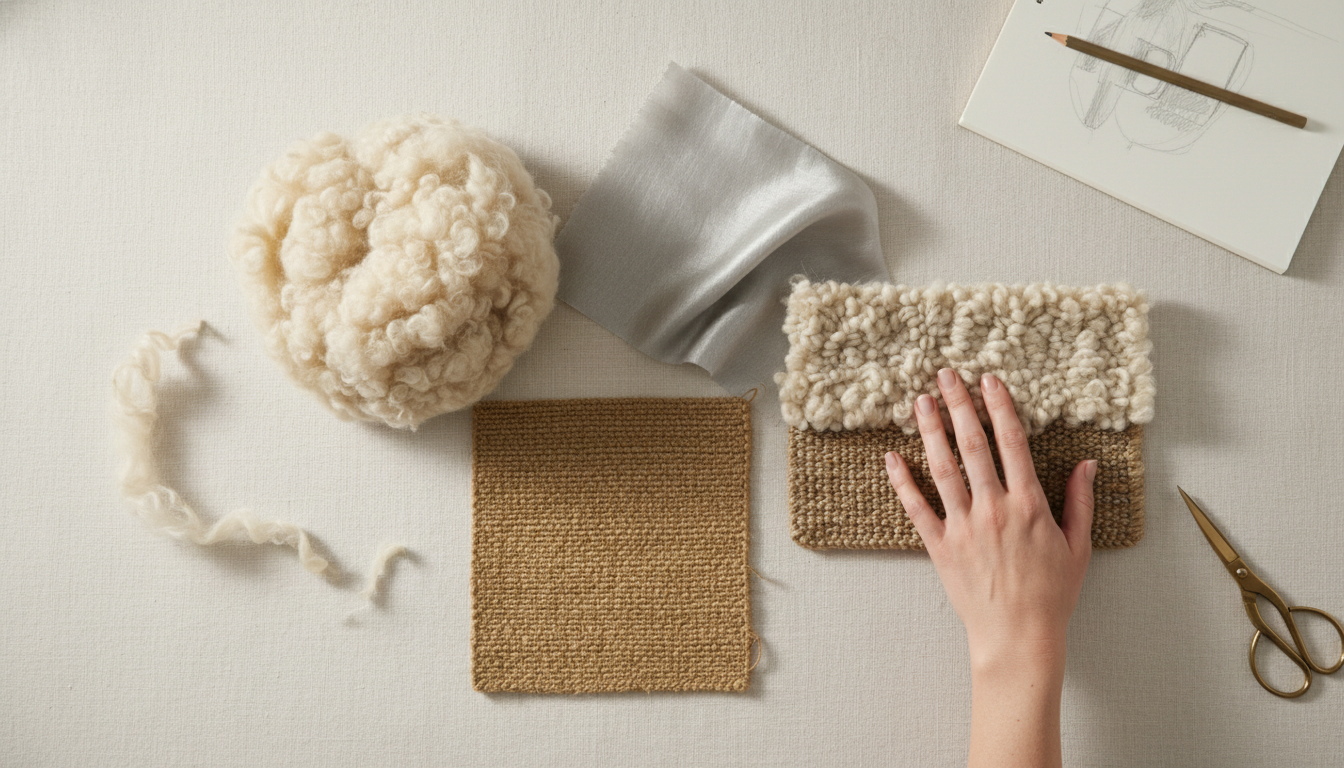 A flat lay of natural rug fibers including wool and tencel used to create high-low textured rugs.