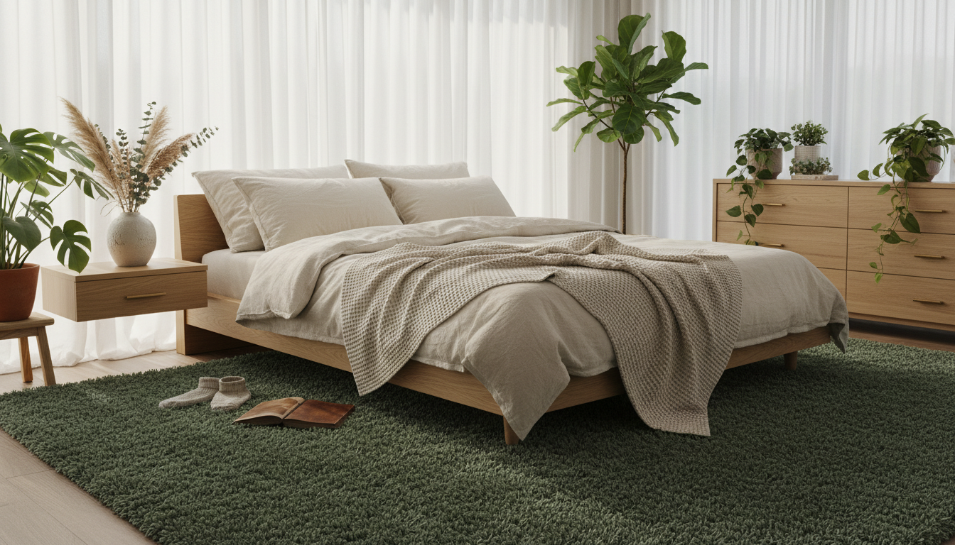 Biophilic bedroom design featuring a soft sage green rug and light oak furniture.